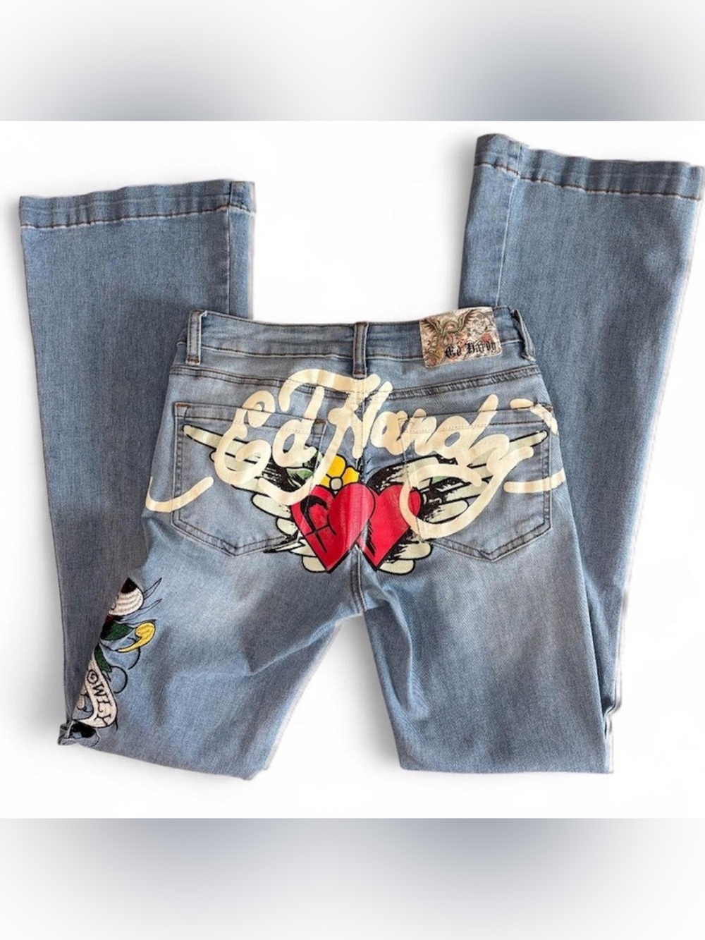 Ed Hardy Love Kills Slowly embroidered Dagger Heart slim flare jeans Y2K 32